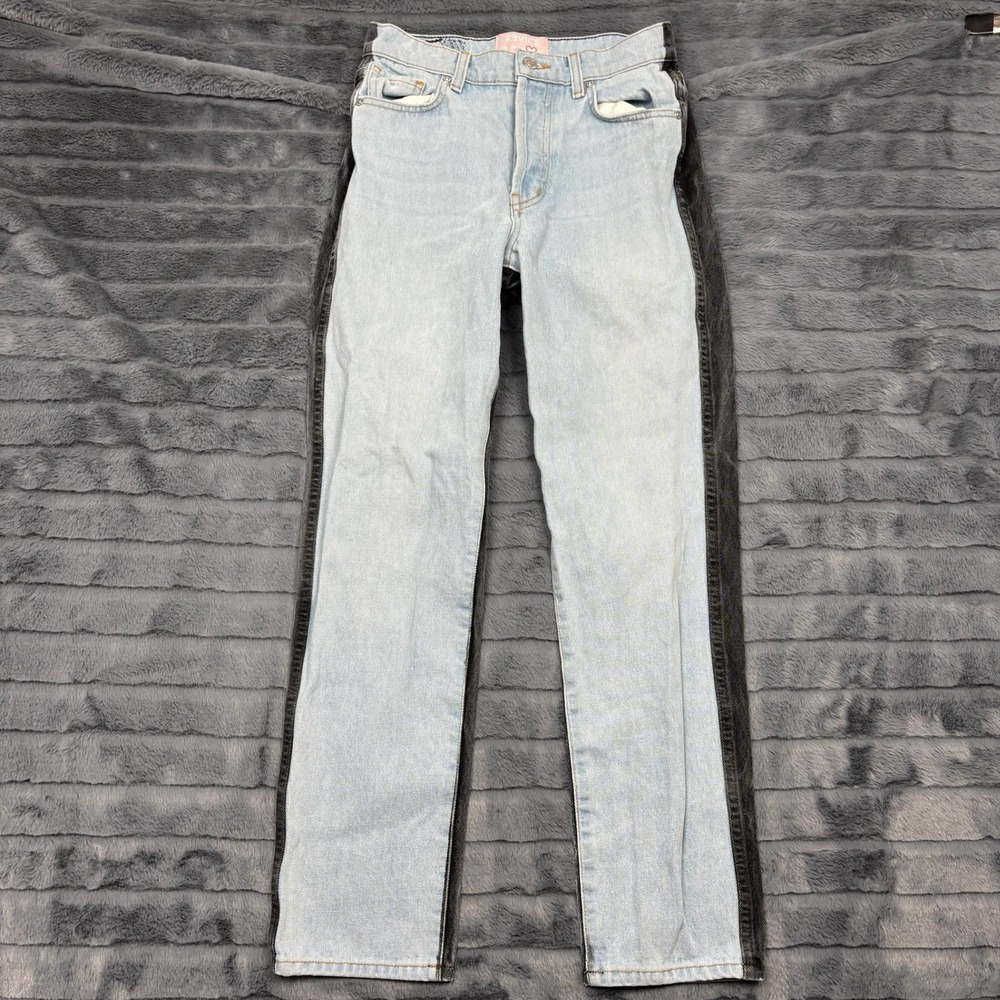 Revice Denim Two Tone High Waisted Straight Leg Jeans Blue Black Size 26